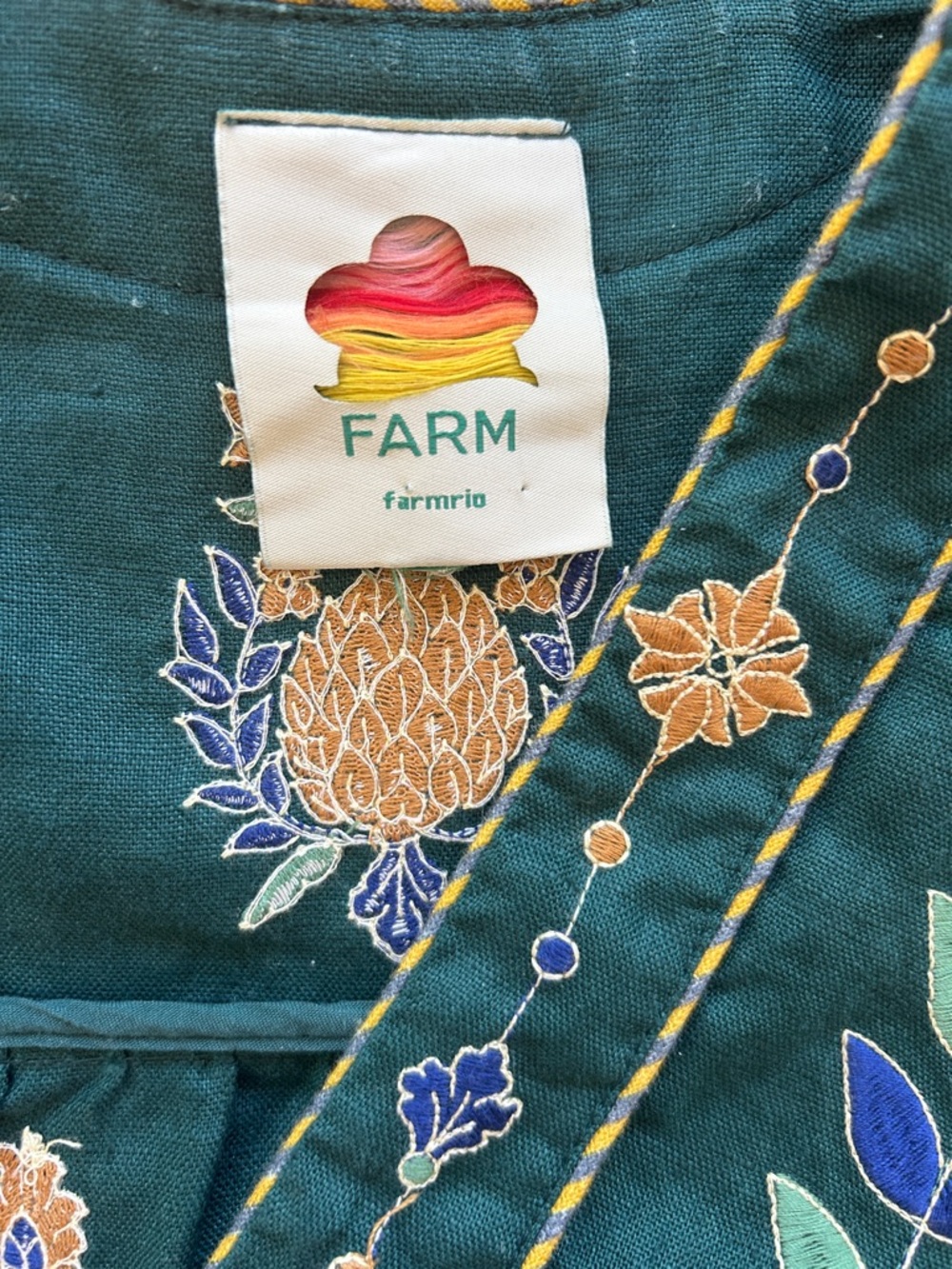 FARM Rio Emerald Green pineapple Maxi Dress with Yellow & Blue Embroidery - Picture 9 of 14
